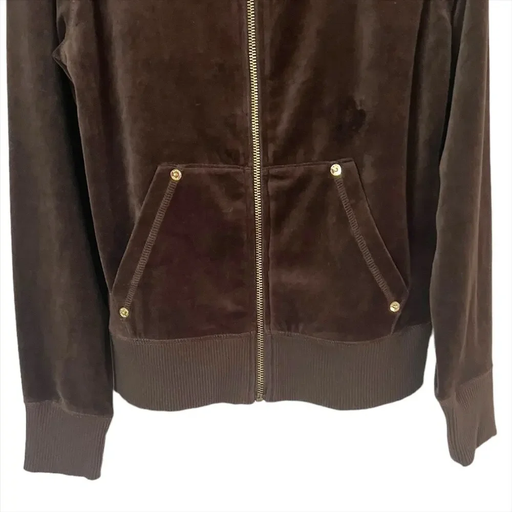 NWT MICHAEL Michael Kors Brown Velour Zip Front Track Jacket Size XS